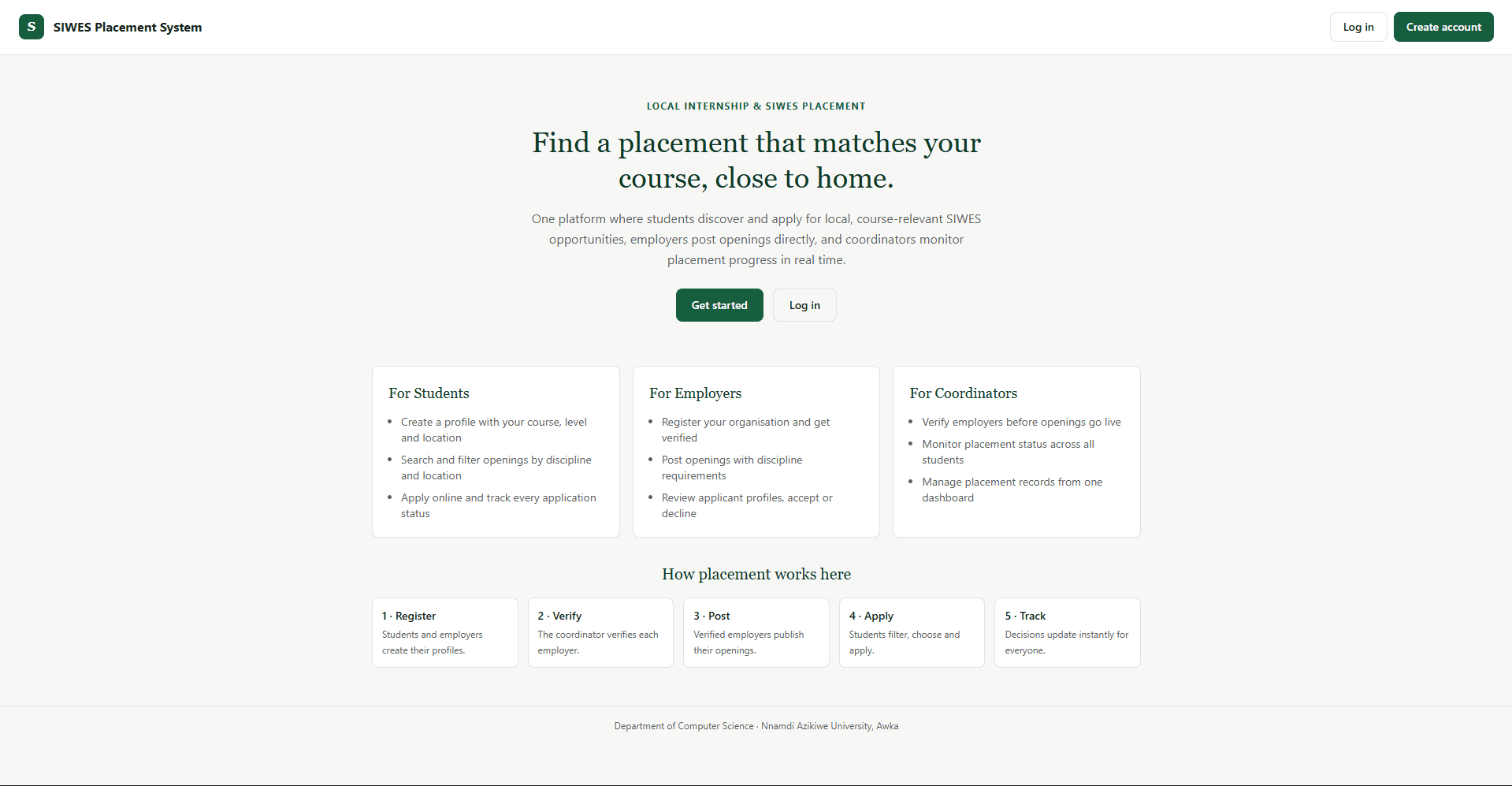 SIWES Placement Platform interface