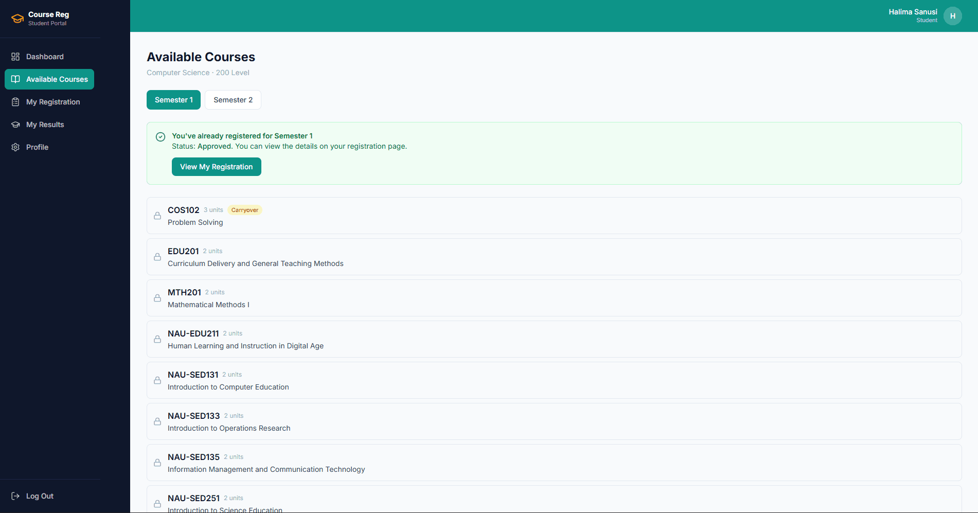 Course Registration System interface